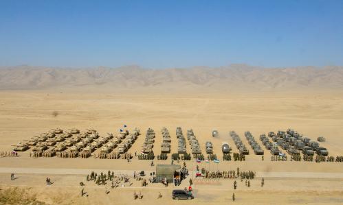 KHATLON REGION, TAJIKISTAN, AUGUST 10, 2021: A joint military exercise by Russia, Tajikistan and Uzbekistan on the Harb-Maidon military training ground, at 20 km from the border to Afghanistan. 2,500 servicemen (including 1,800 Russian servicemen) with around 500 pieces of military hardware are taking part in the military exercise, which runs from 5 to 10 August 2021. Nozim Kalandarov/TASS.