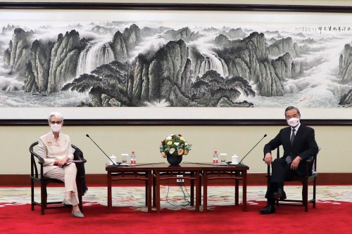 U.S. Deputy Secretary of State Wendy Sherman meets Chinese State Councilor and Foreign Minister Wang Yi in Tianjin, China in this handout picture released July 26, 2021. U.S. Department of State/Handout via REUTERS