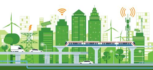 Cityscape with Infrastructure and Transportation, Smart City, Connected, Green and Clean Energy Concept By MuchMania | Shutterstock ID: 709586686