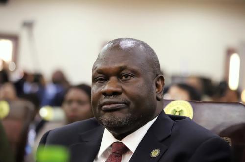 FILE PHOTO: South Sudan's First Vice President Riek Machar attends his swearing-in ceremony at the State House in Juba, South Sudan, February 22, 2020. REUTERS/Samir Bol/File Photo