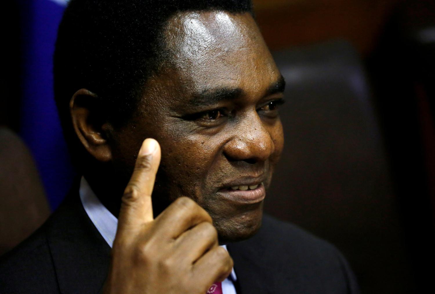 FILE PHOTO: Hakainde Hichilema, leader of Zambia's opposition United Party for National Development (UPND), addresses a media conference in Cape Town, South Africa, August 31, 2017. REUTERS/Mike Hutchings/File Photo