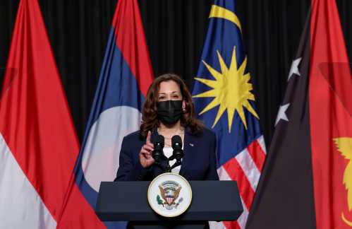 U.S. Vice President Kamala Harris delivers remarks during the official launch of the CDC Southeast Asia Regional Office in Hanoi, Vietnam, August, 25, 2021. REUTERS/Evelyn Hockstein/Pool