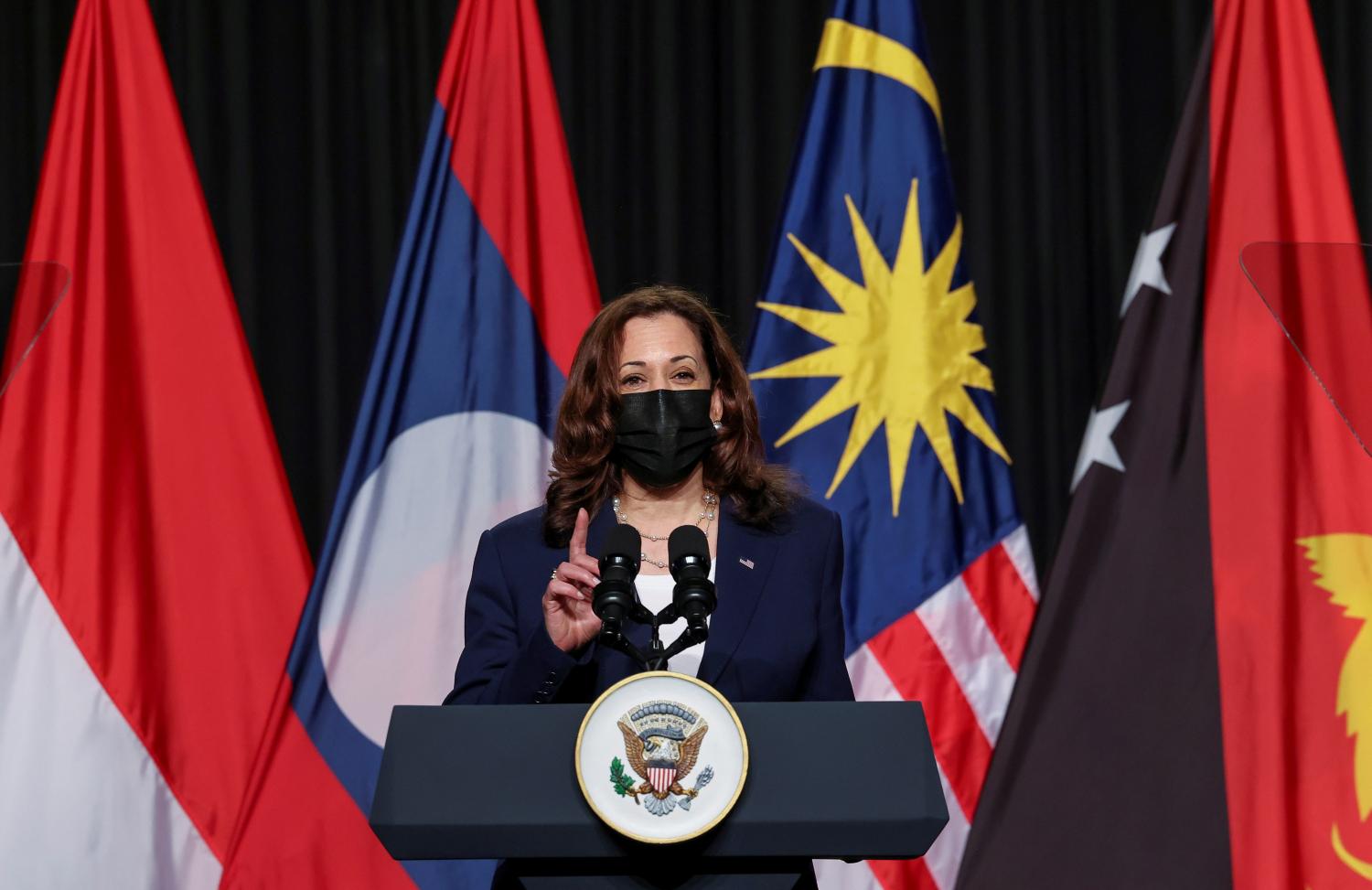 U.S. Vice President Kamala Harris delivers remarks during the official launch of the CDC Southeast Asia Regional Office in Hanoi, Vietnam, August, 25, 2021. REUTERS/Evelyn Hockstein/Pool