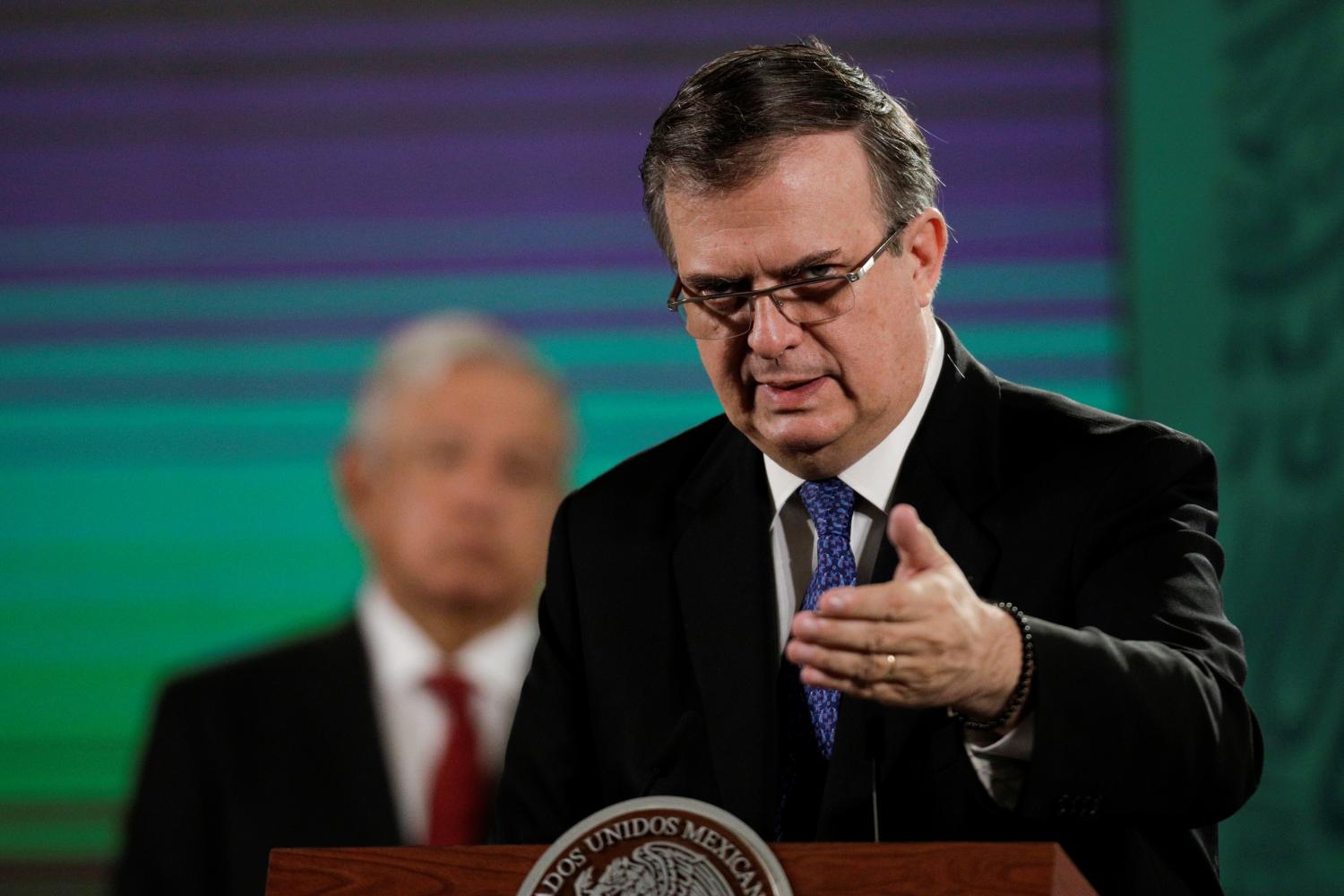 Mexican Foreign Minister Marcelo Ebrard speaks during a news conference as Mexico aims to gradually lift pandemic-induced restrictions on its shared border with the United States as it progresses in vaccinating the local population against the coronavirus disease (COVID-19), at the National Palace in Mexico City, Mexico June 15, 2021. REUTERS/Luis Cortes