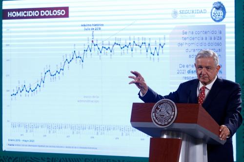 MEXICO CITY, MEXICO - JULY 5: President of Mexico, Andres Manuel Lopez Obrador, speaks during a news conference defended his policy of non-violence to combat the violence generated by organized crime at National Palace on July 5, 2021 in Mexico City, Mexico. (Photo by Eyepix/Sipa USA)No Use Germany.