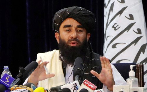 FILE PHOTO: Taliban spokesman Zabihullah Mujahid speaks during a news conference in Kabul, Afghanistan August 17, 2021. REUTERS/Stringer NO RESALES. NO ARCHIVES/File Photo
