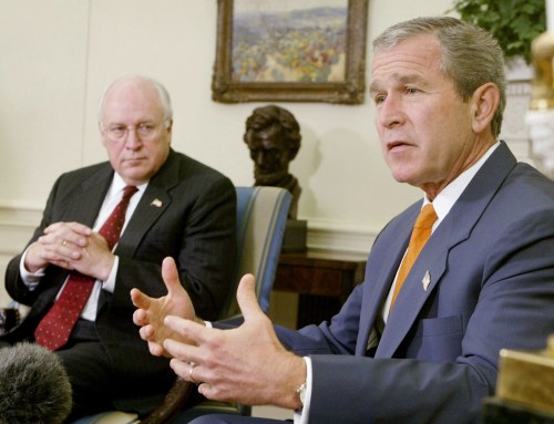 U.S. President George W. Bush answers questions from the press aboutIraq with Vice President Richard Cheney (L) looking on, during ameeting with Congressional leaders at the White House, September 18,2002. The president said Saddam Hussein "won't fool anybody" with hispromise to admit weapons inspectors into his country. REUTERS/LarryDowningLSD/HB