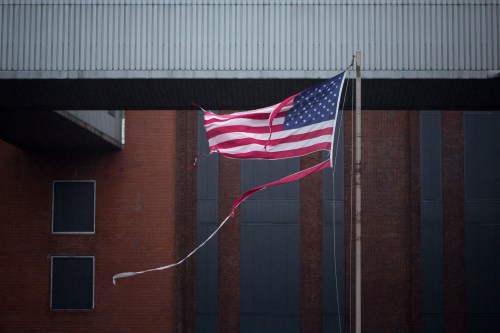 A tattered U.S. flag flies at the Con Edison Substation in Downtown Manhattan