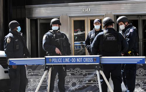 Heavily armed Strategic Response Unit officers of the NYPD are seen stationed in front of the Empire State Building on Wednesday, April 22, 2020 in New York City. Gov. Andrew Cuomo said Wednesday hes enlisted former Mayor Mike Bloomberg to help create a tracing army that will find people infected with the coronavirus and get them into isolation. With 474 virus related deaths on Tuesday, New York state has now recorded more than 15,000 since the outbreak began. (Photo by Louis Lanzano/Sipa USA)/Sipa USANo Use UK. No Use Germany.