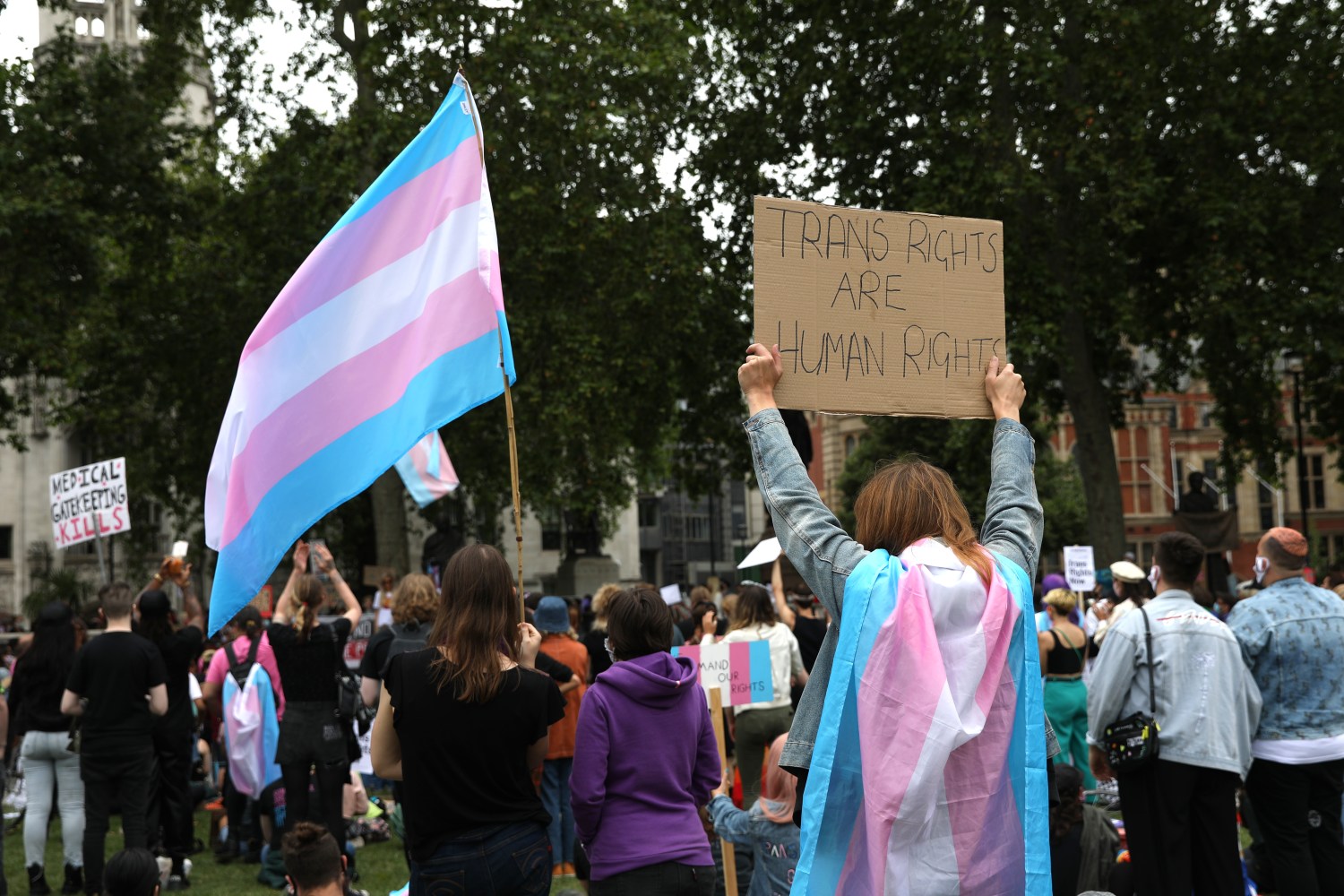 PA via ReutersDemonstrators holding placards calling for transgender rights during a Black Trans Lives Matter protest at Parliament Square, London, following a raft of Black Lives Matter protests across the UK. Picture date: Saturday July 4, 2020.