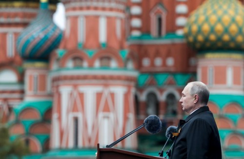 MOSCOW, RUSSIA  MAY 9, 2021: Russia's President Vladimir Putin makes remarks during a Victory Day military parade marking the 76th anniversary of the victory over Nazi Germany in World War II, in Moscow's Red Square. Mikhail Metzel/TASS.No use Russia.
