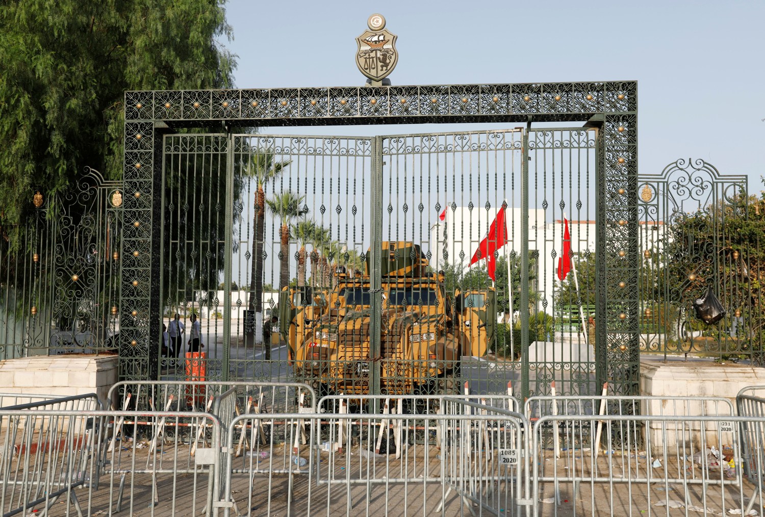 A military vehicle is pictured in front of the parliament building in Tunis, Tunisia  July 26, 2021. REUTERS/Zoubeir Souissi