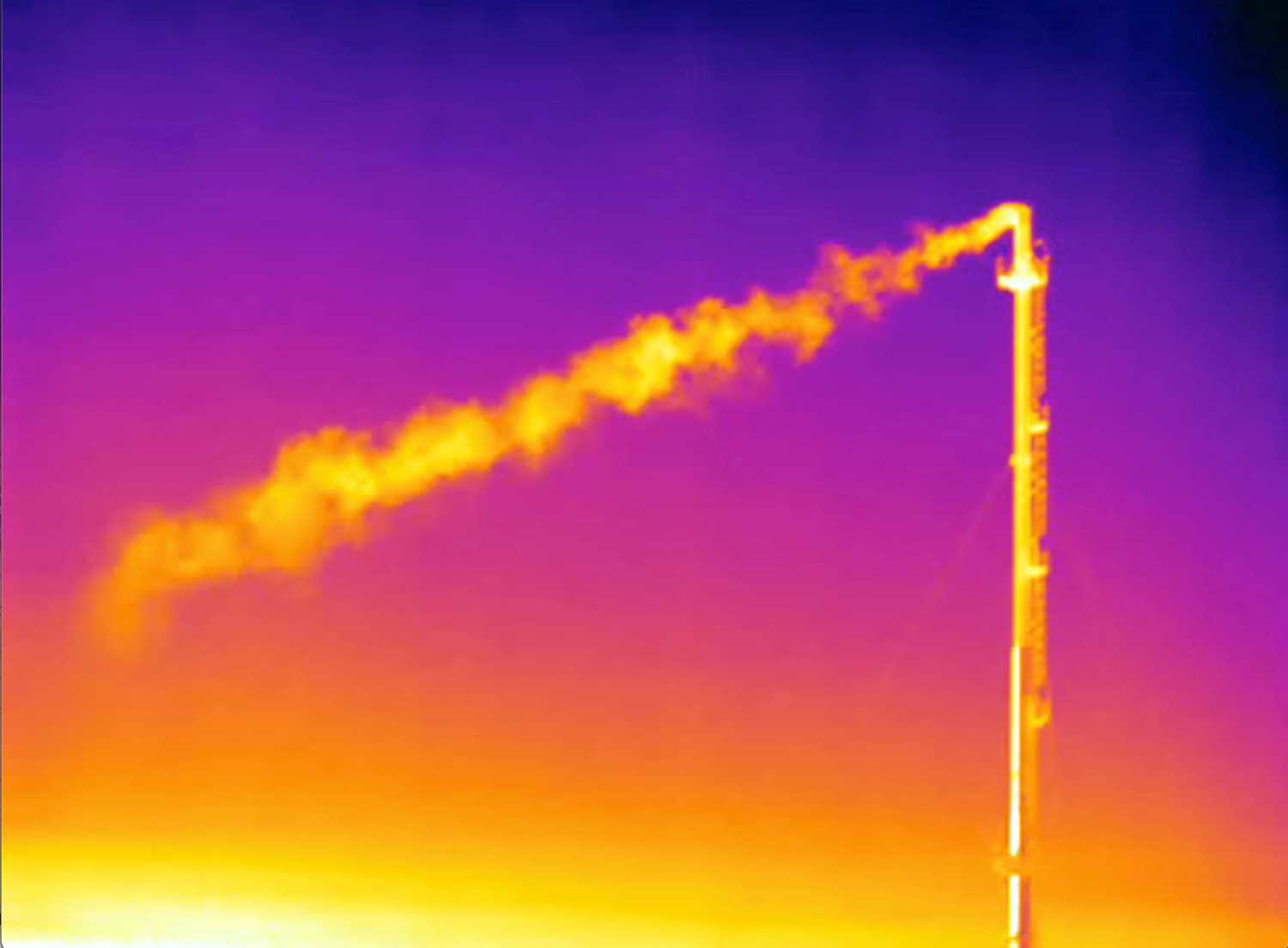 Thermographic video footage shows what appears to be a plume of methane gas flowing from a vent stack at a storage facility in Minerbio