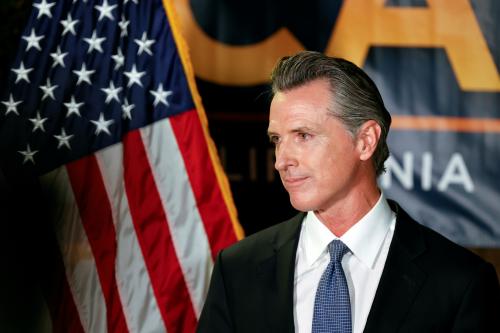 California Governor Gavin Newsom makes an appearance after the polls close on the recall election, at the California Democratic Party headquarters in Sacramento, California, U.S., September 14, 2021.  REUTERS/Fred Greaves