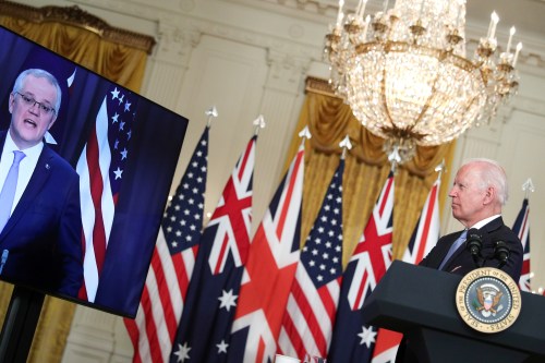FILE PHOTO: U.S. President Joe Biden delivers remarks on a National Security Initiative virtually with Australian Prime Minister Scott Morrison and British Prime Minister Boris Johnson, not pictured, inside the East Room at the White House in Washington, U.S., September 15, 2021.  REUTERS/Tom Brenner