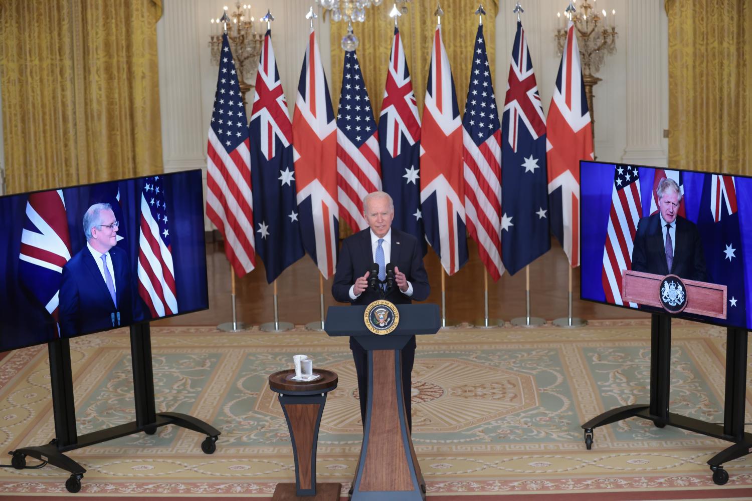 U.S. President Joe Biden delivers remarks about a national security initiative on September 15, 2021 in the East Room of the White House in Washington, DC. President Biden is joined virtually by Prime Minister Scott Morrison of Australia and Prime Minister Boris Johnson of the United Kingdom.Featuring: President Joe Biden, Prime Minister Boris Johnson, Prime Minister Scott MorrisonWhere: Washington, District Of Columbia, United StatesWhen: 15 Sep 2021Credit: POOL via CNP/INSTARimages/Cover Images