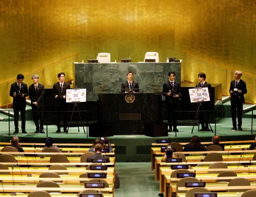 (L to R) Taehyung/V, Suga, Jin, RM, Jungkook, Jimin and J-Hope of South Korean boy band BTS speak at the SDG Moment event as part of the UN General Assembly 76th session General Debate in UN General Assembly Hall at the United Nations Headquarters, in New York, U.S., September 20, 2021. John Angelillo/Pool via REUTERS