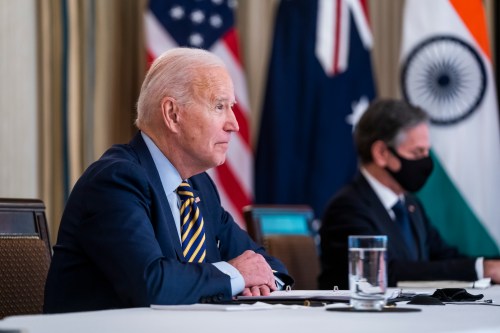 US President Joe Biden (L) and Secretary of State Antony Blinken (R) meet virtually with their counterparts in the Quad, Prime Minister Narendra Modi of India, Prime Minister Scott Morrison of Australia, and Prime Minister Yoshihide Suga of Japan, from the State Dining Room of the White House in Washington DC, USA, 12 March 2021. No Use Germany.