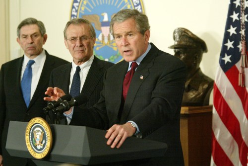 File photo dated March 25, 2003 of United States President George W. Bush (R) speaks next to US Secretary of Defense Donald Rumsfeld (C) and US Deputy Secretary of Defense Paul Wolfowitz (L) during a visit at the Pentagon in Arlington, Virginia. Donald Rumsfeld, the acerbic architect of the Iraq war and a master Washington power player who served as US secretary of defense for two presidents, has died at the age of 88. Photo by Alex Wong/Pool via CNP/ABACAPRESS.COM