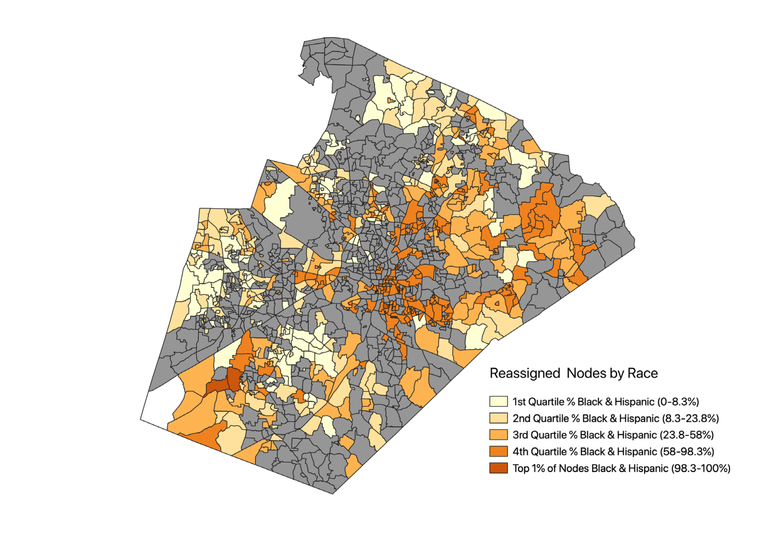 F1 Percent of students in WCPSS residential nodes identified for reassignment between 200 and 2010 who are Black or Hispanic