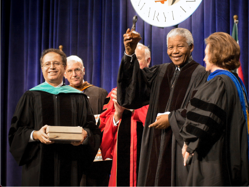 Nelson Mandela, Shibley Telhami, and Jehan Sadat at the Sadat Lecture at the University of Maryland at College Park, November 14, 2001.