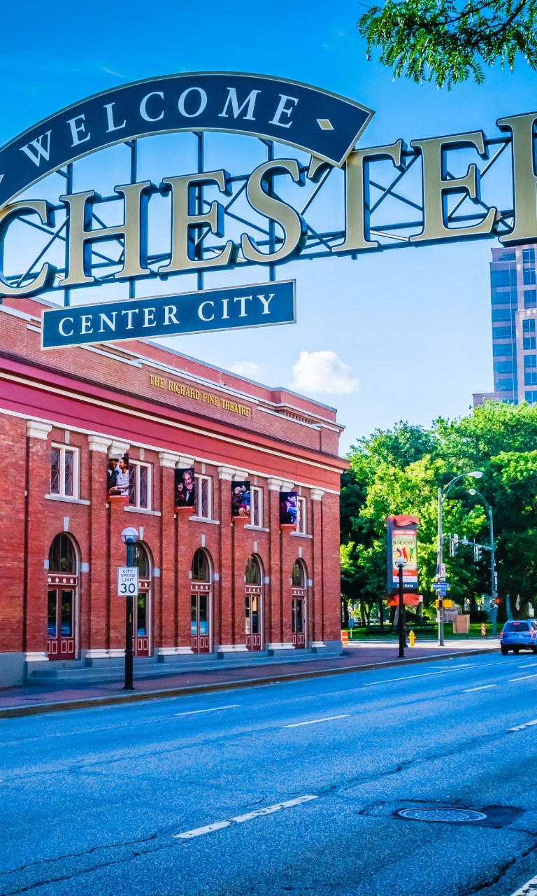 Rochester, NY - July 16, 2017: Welcome to Rochester New York sign in downtown Rochester.