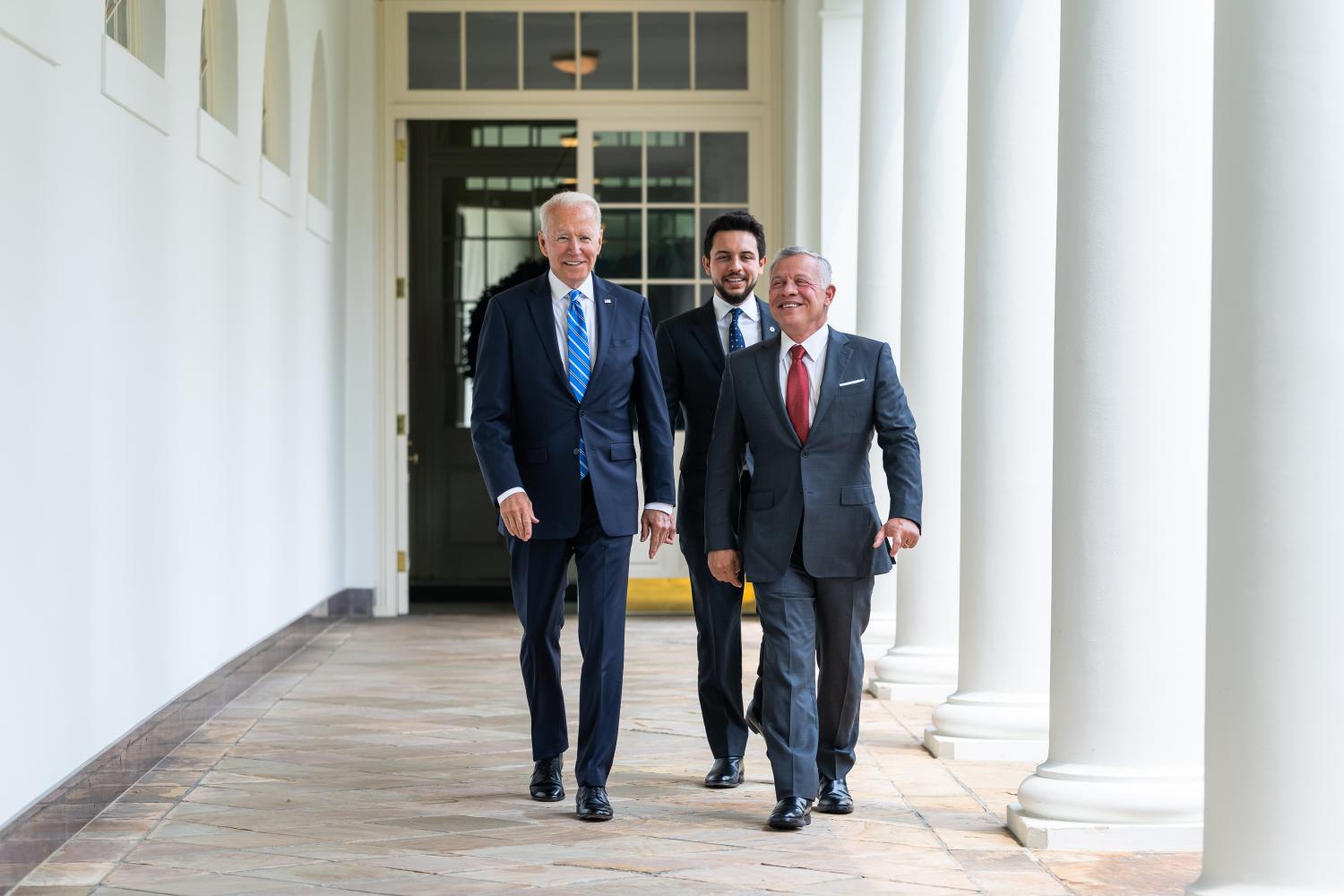 President Joe Biden, King Abdullah II and Crown Prince Al Hussein Bin Abdullah II of Jordan walk along the Colonnade of the White House on Monday, July 19, 2021, to the Oval Office. (Official White House Photo by Adam Schultz via Sipa USA)Please note: Fees charged by the agency are for the agencys services only, and do not, nor are they intended to, convey to the user any ownership of Copyright or License in the material. The agency does not claim any ownership including but not limited to Copyright or License in the attached material. By publishing this material you expressly agree to indemnify and to hold the agency and its directors, shareholders and employees harmless from any loss, claims, damages, demands, expenses (including legal fees), or any causes of action or allegation against the agency arising out of or connected in any way with publication of the material.No Use Germany.