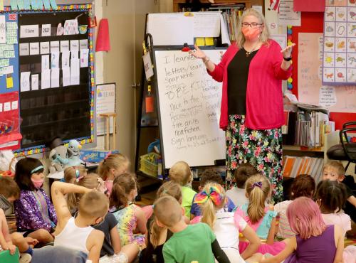 Jenny Doss, an early childhood special education teacher at Ben Franklin Elementary School, works with her K-5 class at the school in Menomonee Falls on  June 8. Doss is speaking out against Republican lawmakers' spending proposal, which only calls for a slight boost in special education funding.MJS-special education funding00p1