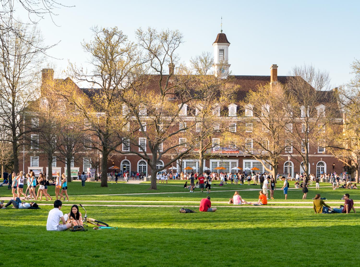 College campus with students