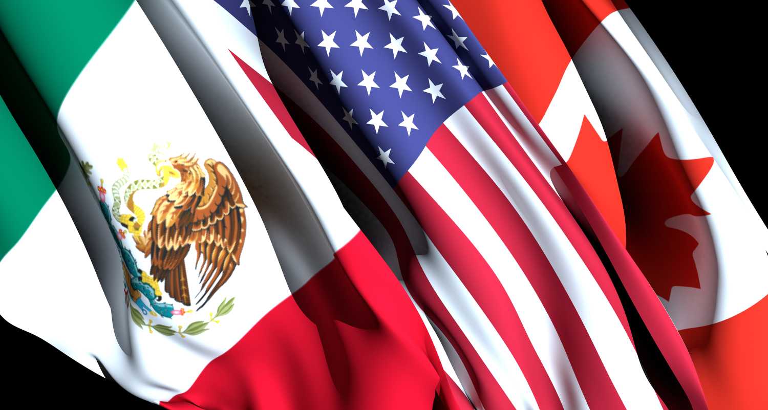 Rendering of the flags of Mexico, the United States, and Canada