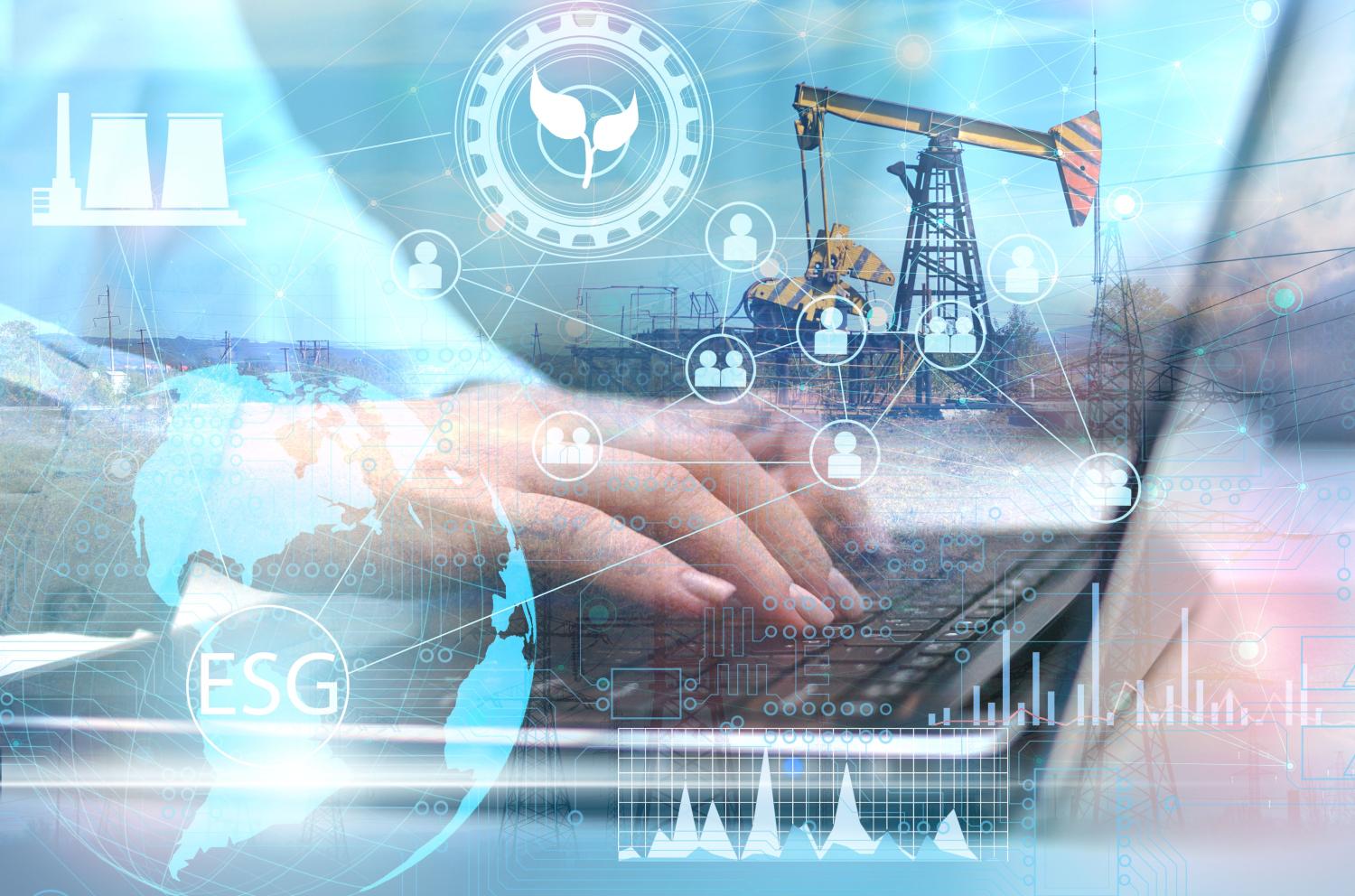 Computer and environmental symbols laid over a photo of an oil well