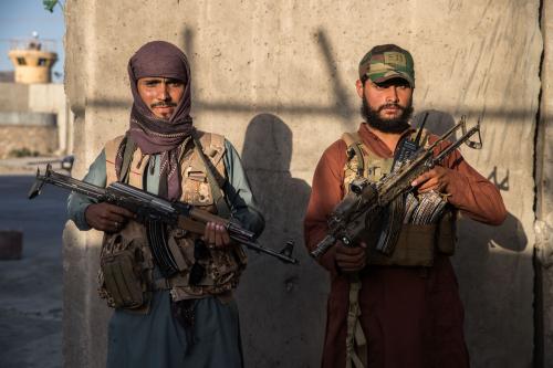 EDITORIAL USE ONLY - Two taliban fighters in charge of the security in Darullaman Palace in Kabul. Kabul, Afghanistan, September 15, 2021. Photo by Oriane Zerah/ABACAPRESS.COM