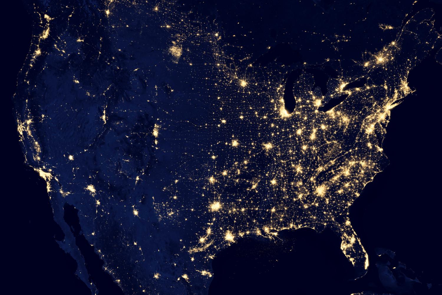 A NASA satellite image shows the United States, Mexico and Canada at night in this composite image.