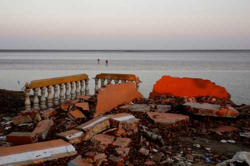 The ruins of a monastery are seen after a riverbank collapsed in Ta Dar U village, Bago, Myanmar.