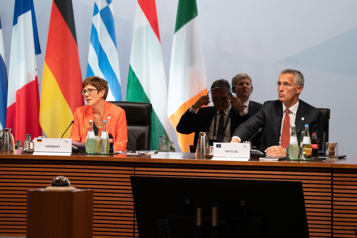 Berlin, Germany.- German Defense Minister Annegret Kramp-Karrenbauer (left) and NATO Secretary General Jens Stoltenberg (right) attend a meeting of European Union defense ministers in Berlin, Germany on August 26, 2020. The meeting discusses missions and operations and the situation in Belarus and the eastern Mediterranean.