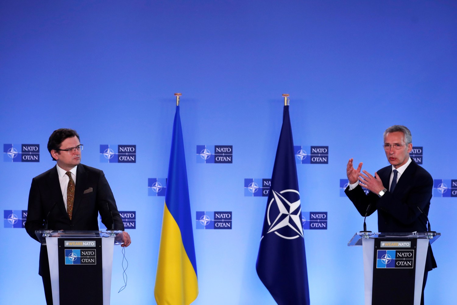 NATO Secretary General Jens Stoltenberg and Ukrainian Foreign Minister Dmytro Kuleba give a press conference in Brussels, Belgium, April 13, 2021. Francisco Seco/Pool via REUTERS