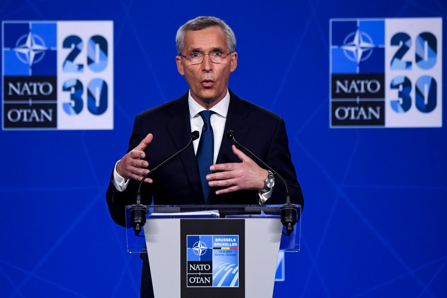 NATO Secretary General Jens Stoltenberg speaks during a presser held as part of the North Atlantic Treaty Organization (NATO) Summit.