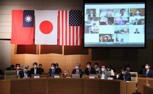 The first meeting of Japan-Taiwan-U.S. Strategic Dialogue is held online at the National Diet Building in Tokyo on July 29, 2021.  ( The Yomiuri Shimbun )