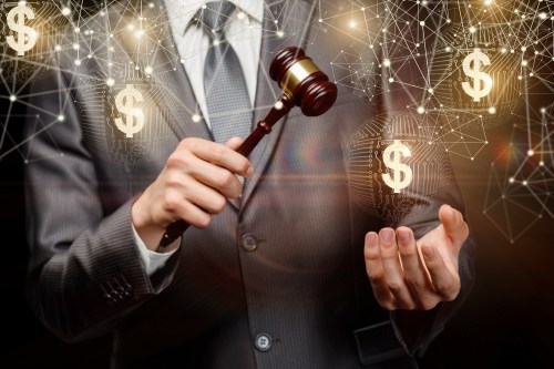 illustration of a person with a gavel and digitally connected money signs.