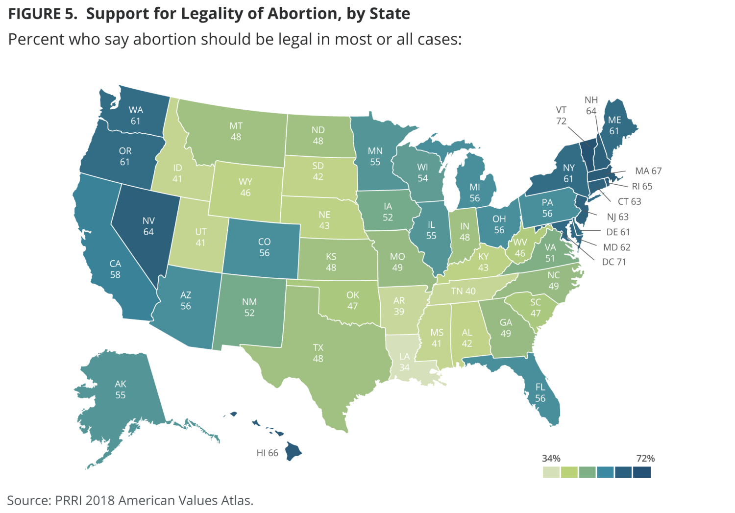 Map of US indicating support for legality of abortion, by state.