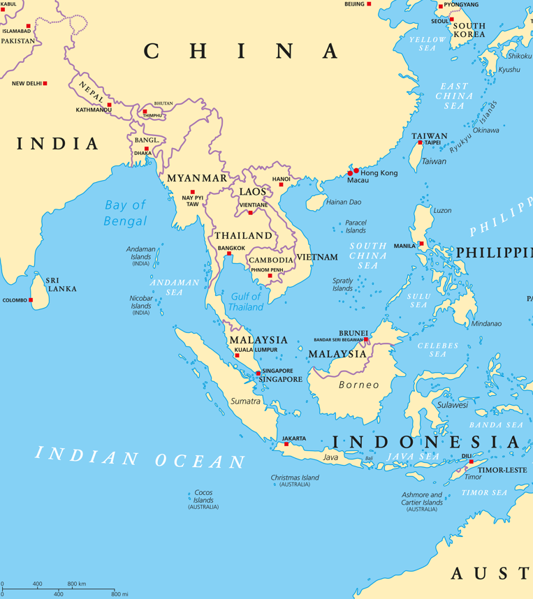A map of East Asia with a focus on the Bay of Bengal and South China Sea (Shutterstock)