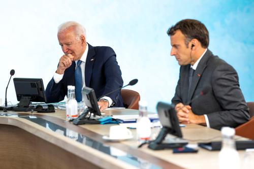 U.S. President Joe Biden and French President Emmanuel Macron take part in the final session of the G7 summit in Carbis Bay, Cornwall in Britain, June 13, 2021.  Doug Mills/Pool via REUTERS