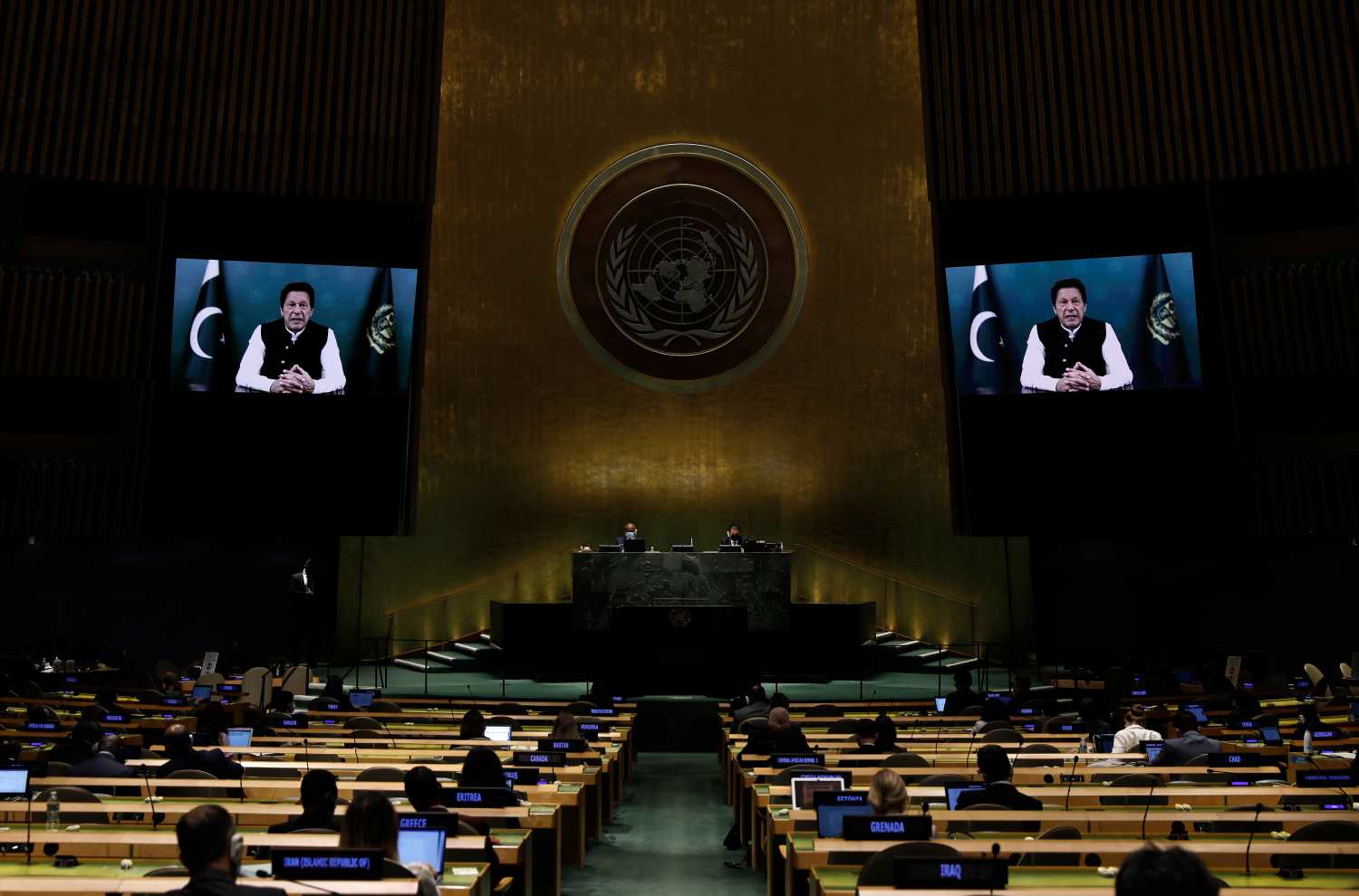 Pakistan's Prime Minister Imran Khan addresses, via prerecorded video the General Debate of the 76th Session of the United Nations General Assembly at U.N. Headquarters in New York City, U.S., September 24, 2021. Peter Foley/Pool via REUTERS