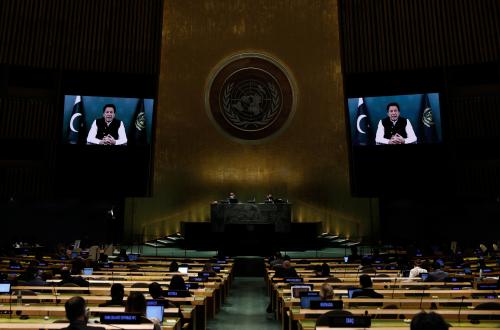 Pakistan's Prime Minister Imran Khan addresses, via prerecorded video the General Debate of the 76th Session of the United Nations General Assembly at U.N. Headquarters in New York City, U.S., September 24, 2021. Peter Foley/Pool via REUTERS