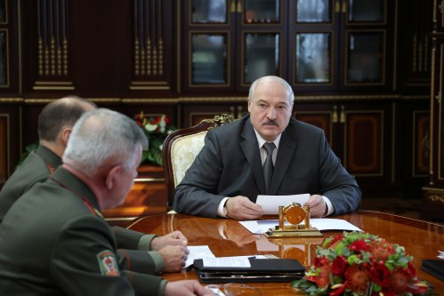 Belarusian President Alexander Lukashenko meets state security officials in Minsk, Belarus September 27, 2021. Maxim Guchek/BelTA/Handout via REUTERS