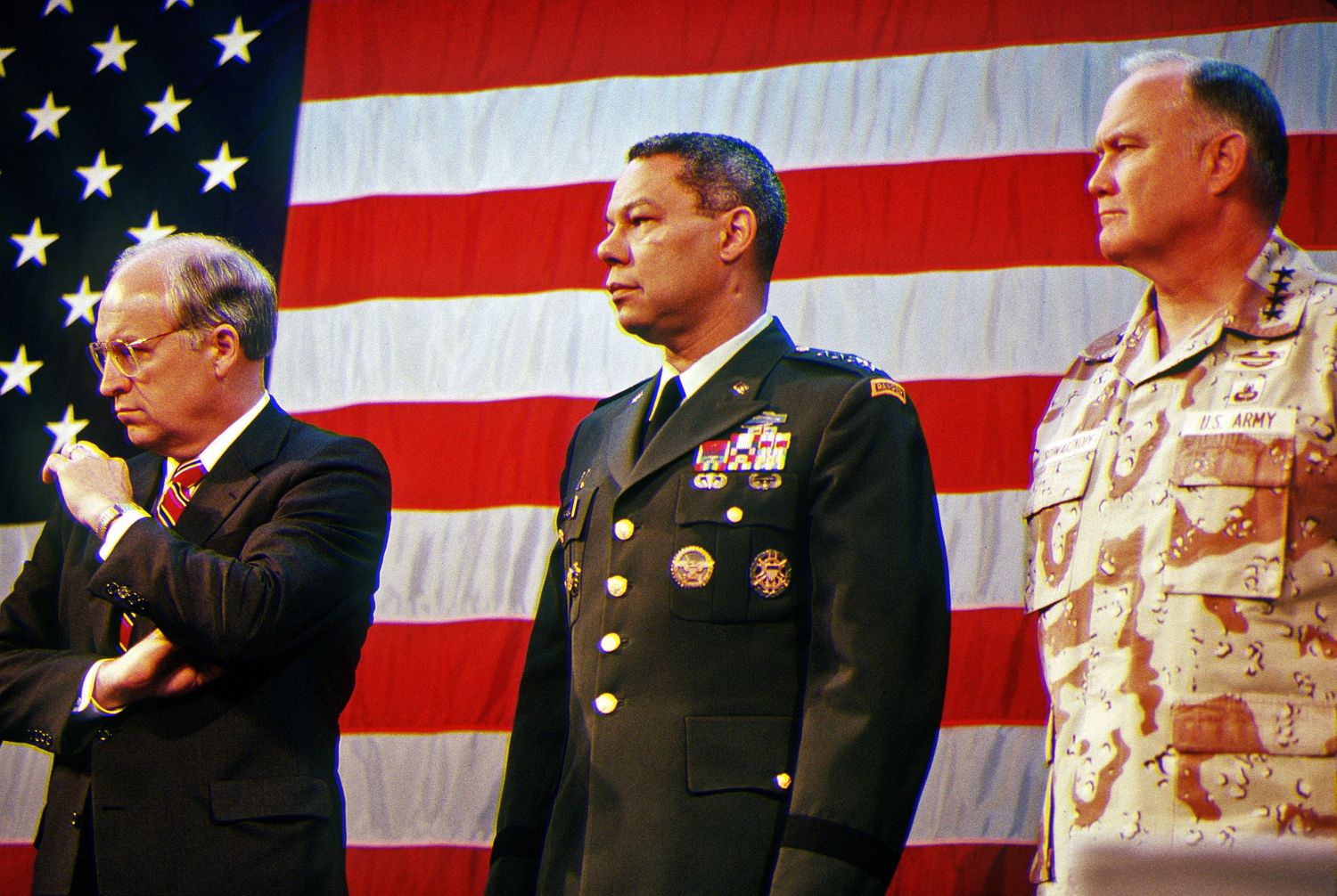 U.S. Secretary of Defense Richard Cheney, General Colin Powell, Chairman Joint Chiefs of Staff and General Norman Schwarzkopf, Commander, U.S. Central Command, stand during an award ceremony prior to the Welcome Home parade honoring the coalition forces of Desert Storm, in an undated file photograph in New York City, U.S. SSgt. Charles Regne/U.S. Army/Handout via REUTERS.