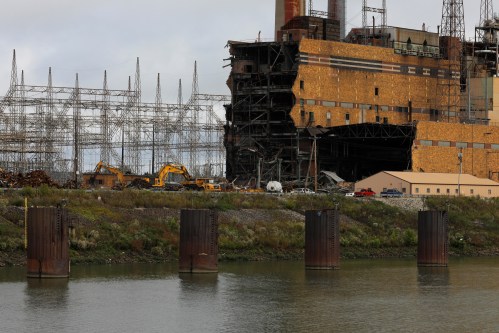 The Tanners Creek Generating Station, a former 1000 MW, coal-fired electrical plant, is being taken down along the Ohio River in Lawrenceburg, Indiana, U.S., September 14, 2017. The plant was shut down in 2015. REUTERS/Brian Snyder  SEARCH "SNYDER BARGES" FOR THIS STORY. SEARCH "WIDER IMAGE" FOR ALL STORIES.