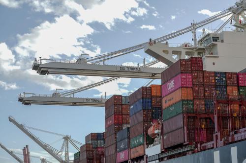 SEATTLE / WASHINGTON - November 28, 2018 : Container ship and dockyard cranes, Seattle waterfront Puget Sound, Pacific Northwest