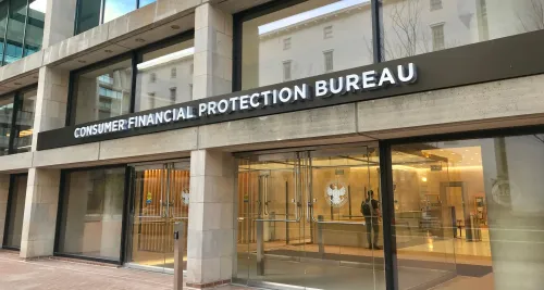 WASHINGTON, DC - APRIL 10, 2019: CFPB - CONSUMER FINANCIAL PROTECTION BUREAU sign at headquarters building
