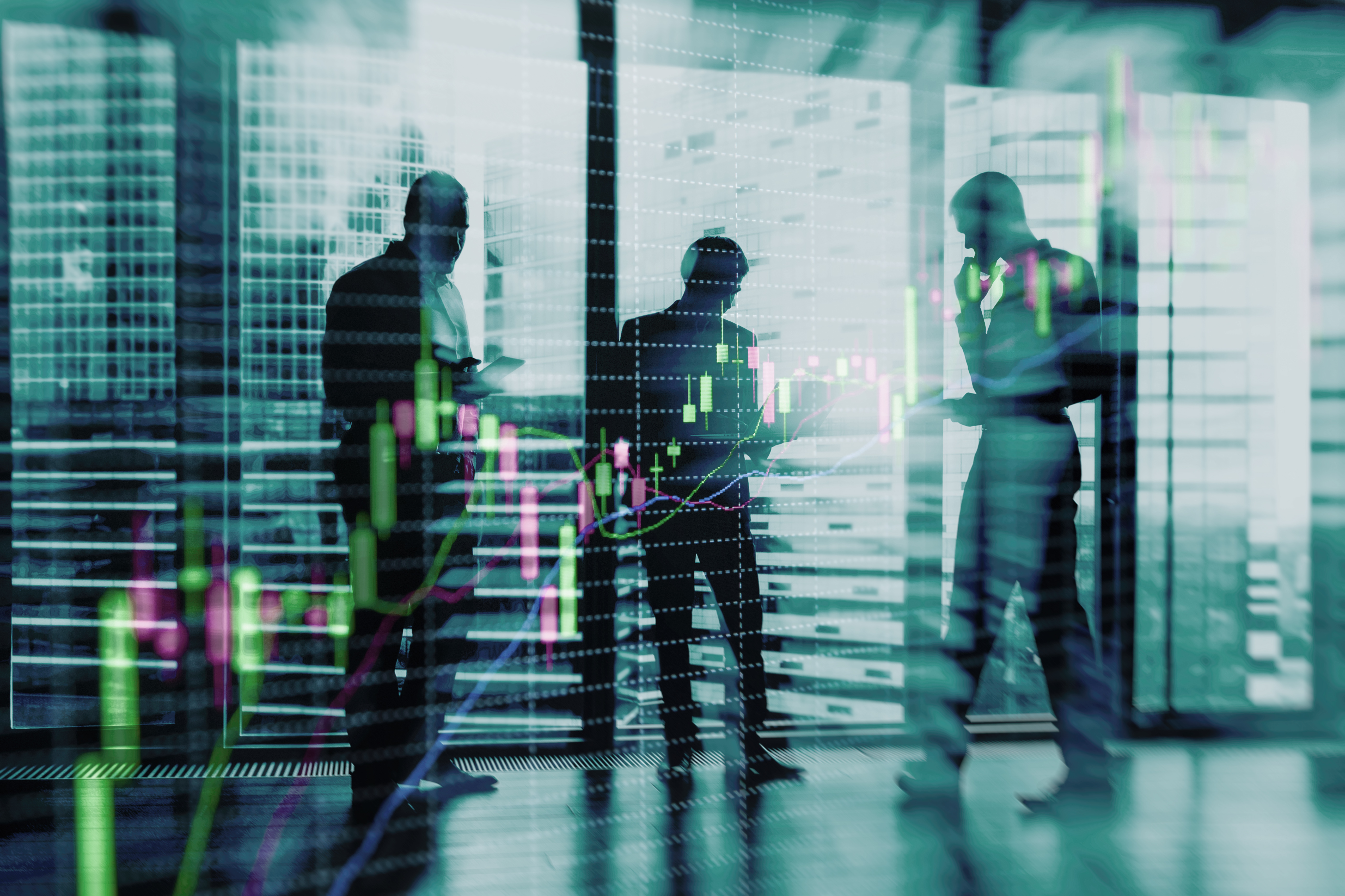 Business chart overlaid onto office workers